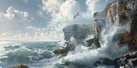 A dramatic scene showing tumultuous waves crashing into towering, bird-dotted cliffs under a dynamic sky