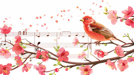 Bird on Flowering Branch with Music Sheet flat vector