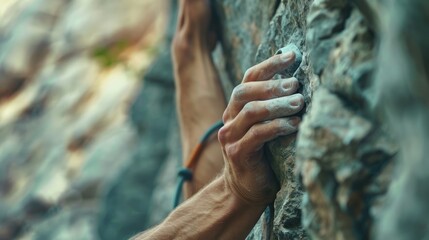 Detail of Climber's Hand on Rocky Surface
 - obrazy, fototapety, plakaty