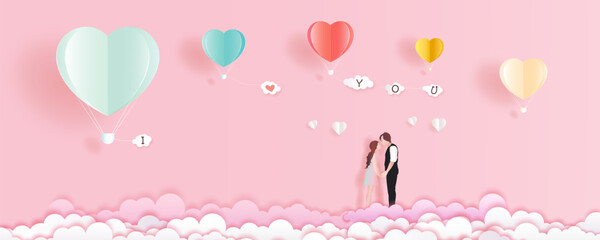 Romantic love illustration of love, Origami made  balloon flying. - 765450477