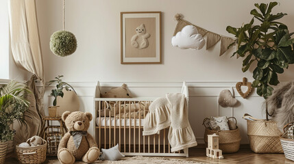  A cozy nursery with warm wood accents, a crib nestled in a corner surrounded by shelves of books and stuffed animals, and a soft rug on the floor for playtime.
