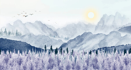 Minimal watercolor landscape with painting art background. - obrazy, fototapety, plakaty
