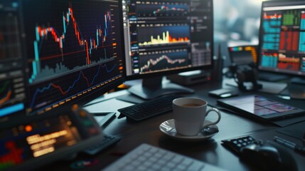 Power and Precision Financial Analyst's Command Center with Multiple Screens and Coffee Cup for Focus and Endurance