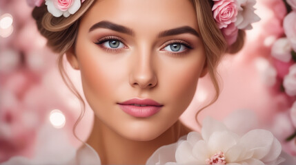 Obraz na płótnie Canvas A woman with a flowery headband and pink background. She has blue eyes and a pinkish skin tone