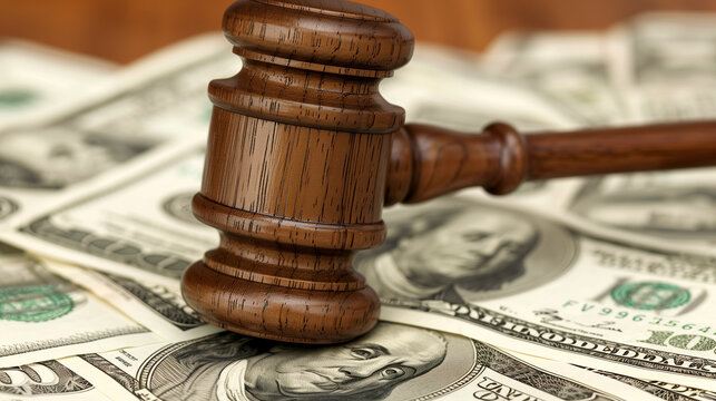 Wooden gavel resting on a large sum of US dollar bills representing legal fines or bail money