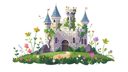 British Castle Overgrown with Flowers flat vector 