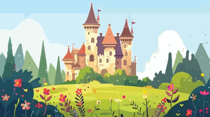 Obraz na płótnie Canvas British Castle Overgrown with Flowers flat vector 