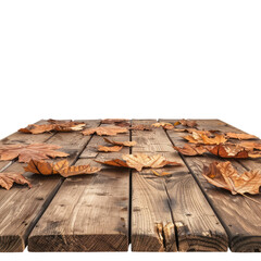 Wooden table top with autumn leaf isolated on transparent background