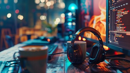 Creative Workspace Dual Monitors Headphones and Coffee The Perfect Setup for Productivity and Focus
