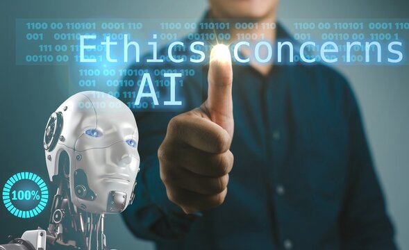 A robot is giving a thumbs up to the word "AI ethics" on a screen. The image conveys the idea that it is important to consider ethical concerns when developing artificial intelligence(AI)