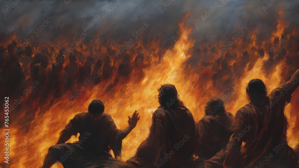 Wall mural a painting of hell of suffering and eternal damnation. partially submerged screaming men, ai generat