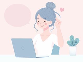 おしゃれなデスクで快適なテレワークをする女性のイラスト
