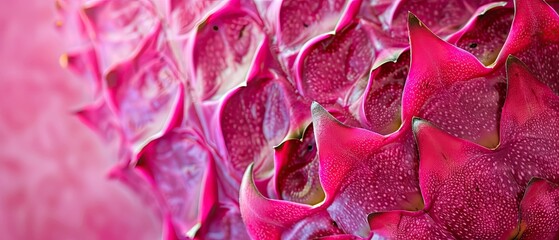 Texture of a ripe dragon fruit skin with its unique scale-like appearance against a contrasting vibrant pink