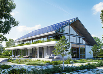 Fototapeta na wymiar 3D rendering of a modern house with solar panels on the roof, white walls and gray metal tiles, in the style of Scandinavian architecture, a garden in front, a sunny day, a blue sky, green trees