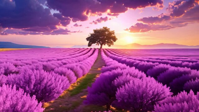 Lavender field at sunset in Valensole, Provence, France, Beautiful lavender field landscape view at sunset time, AI Generated