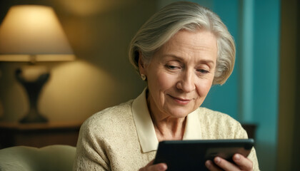 elderly woman looking at tablet and smiling
