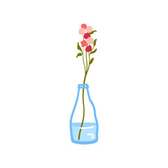 Fresh flower in glass vase. Fragile delicate stems in water. Cut floral plant. Gentle spring blooms, blossomed summer wildflower bouquet isolated on white background. Flat vector illustration
