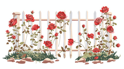 Cottage Garden Gate with Red Roses flat vector 