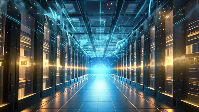 server room data center. 3d rendering toned image double exposure, Big data center technology warehous with servers information digitalization Starts, AI Generated