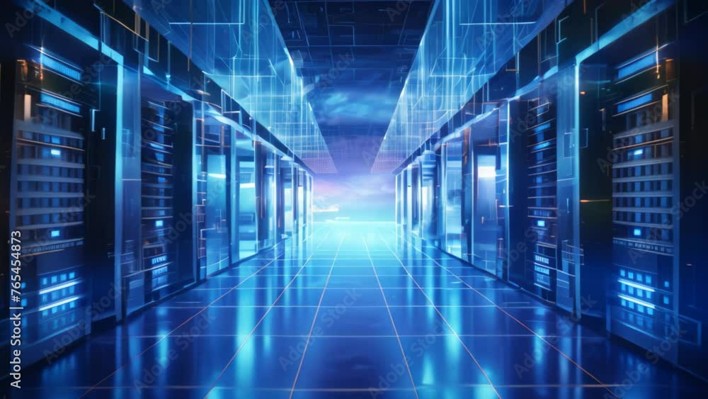 Poster server room data center hallway with blue lights and reflections. 3d rendering, big data center tech