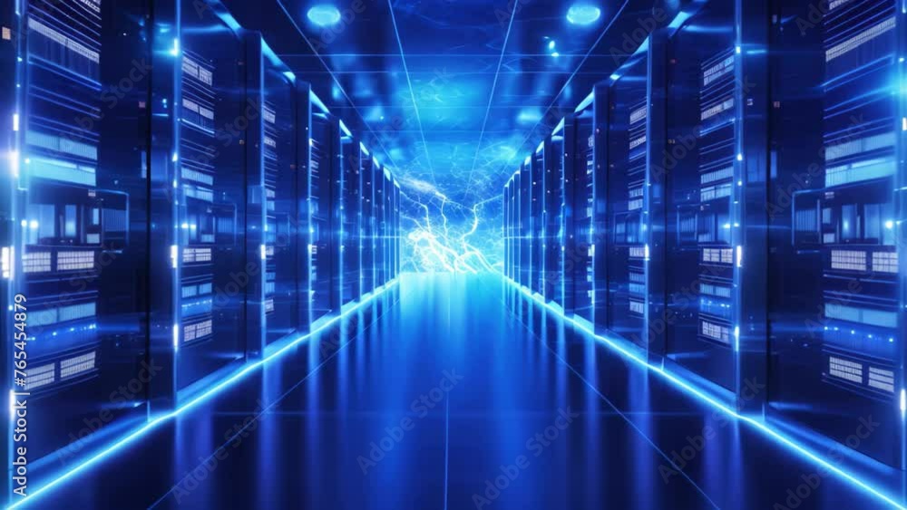 Poster server room data center with blue light rays 3d rendering for technology and science concept, big da