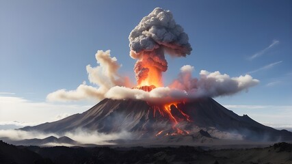 Volcano erupting and lava pouring, A massive column of ash shoots out of a volcano's mouth. An awful view of a volcano erupting. A natural disaster that is not controlled by the weather - obrazy, fototapety, plakaty
