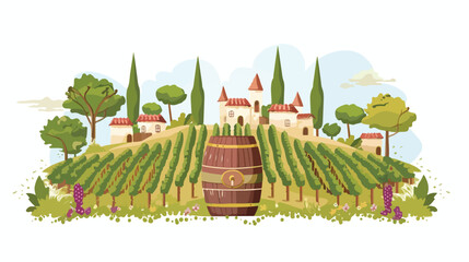 Countryside Vineyard with Wine Barrel flat vector 