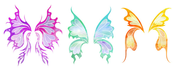 Fototapeta na wymiar Vector set of watercolor silhouette fairy wings. Collection of colorful different butterfly wings isolated from background. Fairy tale design elements for icon and stickers