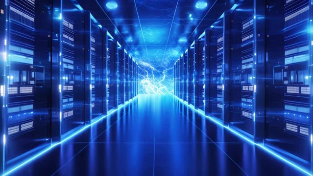 server room data center with blue light rays 3d rendering for technology and science concept, Big data center technology warehous with servers information digitalization Starts, AI Generated
