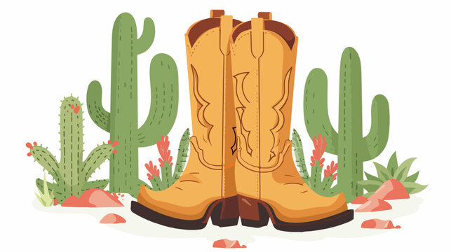 Cowboy Boots with Cacti flat vector 