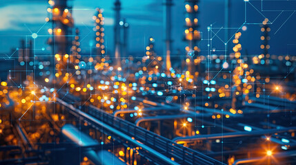 A vibrant display of data analytics overlays an industrial backdrop, signifying the integration of advanced data science in modern oil and gas engineering