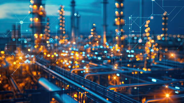 A vibrant display of data analytics overlays an industrial backdrop, signifying the integration of advanced data science in modern oil and gas engineering