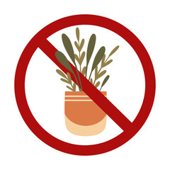 Vector forbidden sign with greenery in pot isolated from background. Risk of poisoning rom house plants. Do not pick or eat flowers. Planting flowers is prohibited. - 765455204