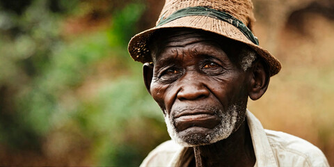 An aged African man with a hat, depicted with a gentle gaze, symbolizing resilience and the passage of time, perfect for cultural studies and biographies. - obrazy, fototapety, plakaty