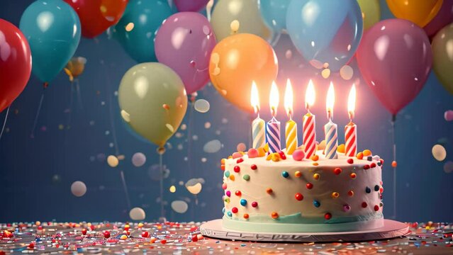 Birthday cake with burning candles on blue background with colorful balloons and confetti, Birthday cake with burning candles on blue background. Vector illustration, AI Generated
