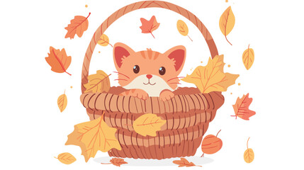 Cute Kitten Inside Autumn Basket flat vector 