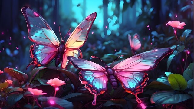 Wonderful backdrop including blue butterflies on abstract pink flowers, vivid water-colored flowers, and a background of flowers


