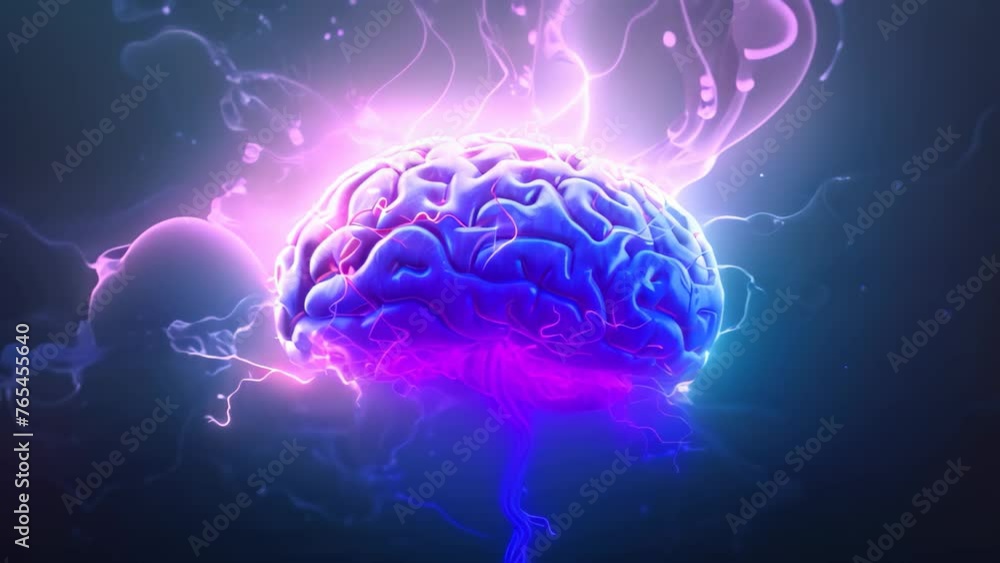 Poster human brain with lightning on dark background. 3d rendering. brainstorming concept. 3d illustration 
