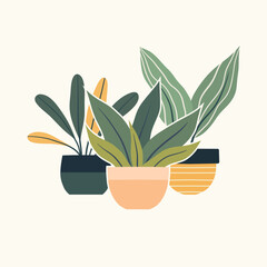 Vector cozy illustration of greenery in clay pots in flat style. Home hobby. Composition of house plants in pots