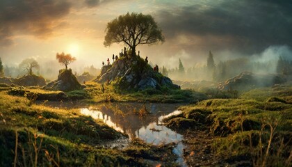 mysterious figures in a melted land, photorealistic, landscape with grass and trees on an earth cadastre background