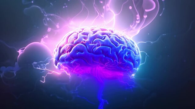 Human brain with lightning on dark background. 3D Rendering. Brainstorming concept. 3D illustration of human brain with lightning, AI Generated