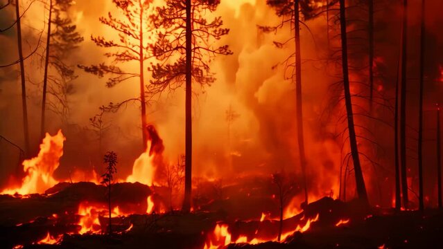 Forest fire. Burning pine trees in the forest. Natural disaster. Burning forest, fire and smoke in the evening. Conceptual image, AI Generated