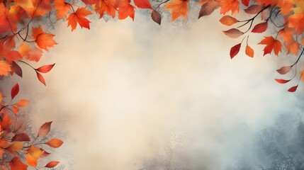 A serene backdrop features a gradient of foggy hues framed by vibrant autumn leaves, capturing the essence of fall's tranquility and beauty