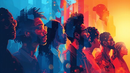 Design a dynamic and modern graphic showcasing a group of diverse professionals engaged in a serious discussion on the rear view, symbolizing a forward-thinking approach 