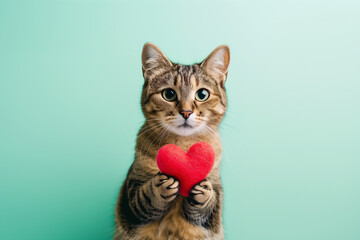 Cute cat is holding a red heart as a gift for Women's Day, Mother's Day, Valentine's Day or wedding. Isolated on mint green background. Copy space for text