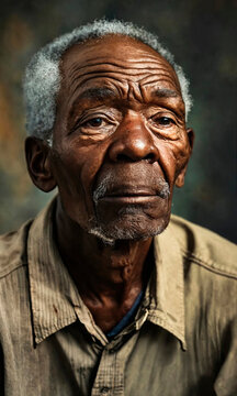 Frontal portrait of an older African man with grey hair, displaying a face full of character and life stories, wearing a simple, well-worn shirt.