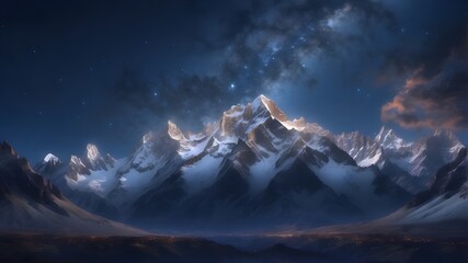 The sun rises over the mountains against a backdrop of snowy mountains and a galaxy.Snow-themed Astral Wallpaper Composition




