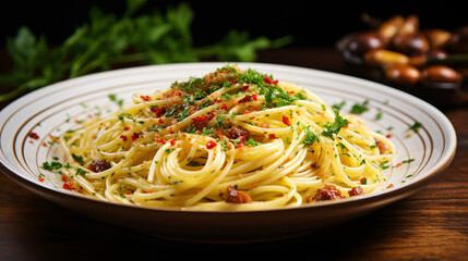 A traditional plate of spaghetti aglio e olio 