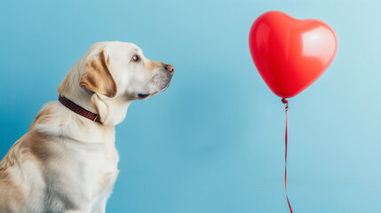 Labrador Retriever dog holds red heart-shaped balloon on blue background. Valentine's day gift concept. Copy space for text