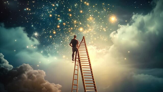 Businessman standing on ladder and looking at stars in sky. Mixed media, Choose right ladder to reach the goal, AI Generated